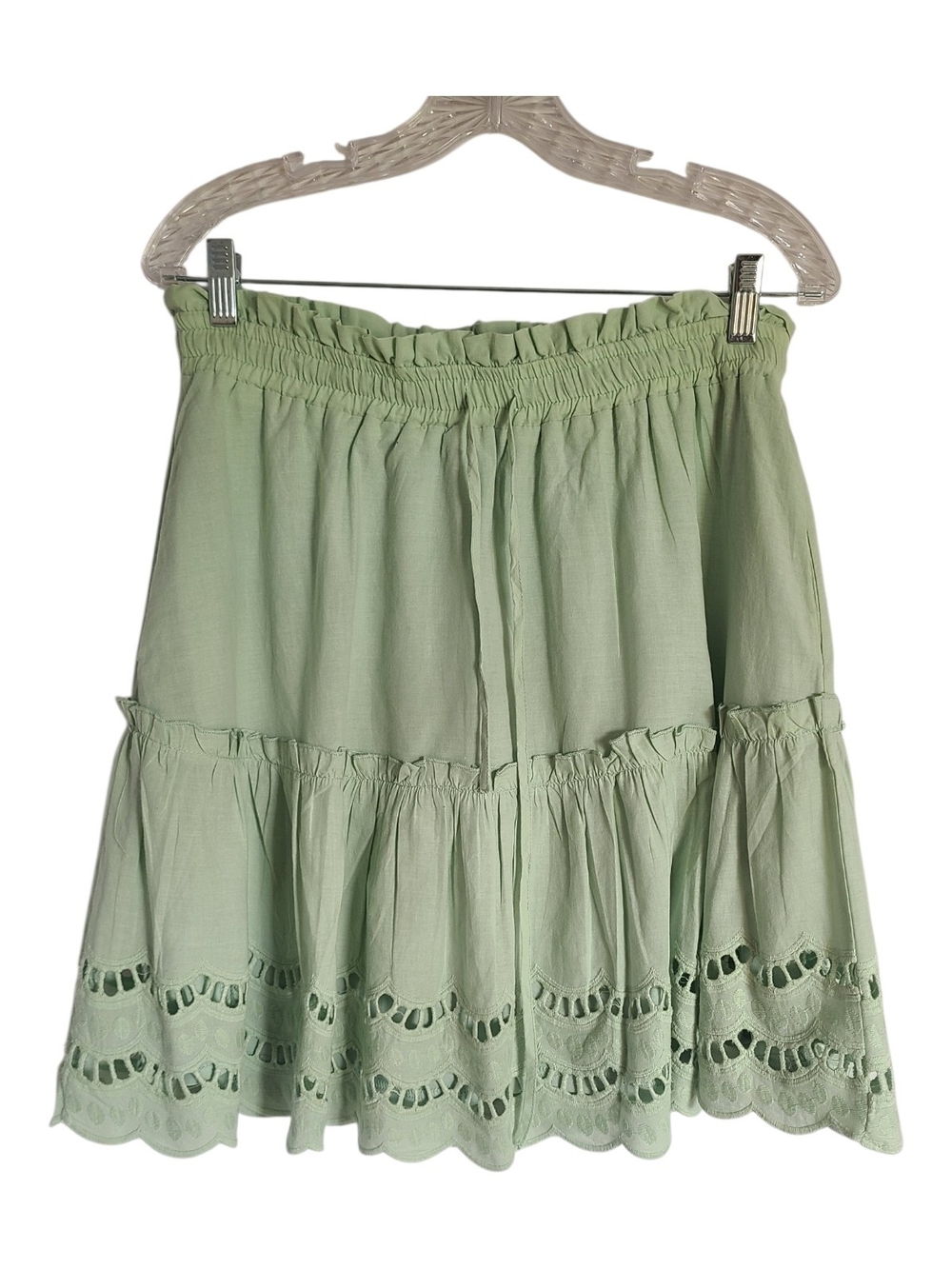 Listicle Mint Sage Eyelet Cotton Ruffle Tiered Smocked Mini Skirt Large L